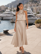 Robe midi à col montant effet satin pour invité de mariage