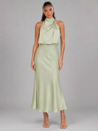 Robe midi à col montant effet satin pour invité de mariage