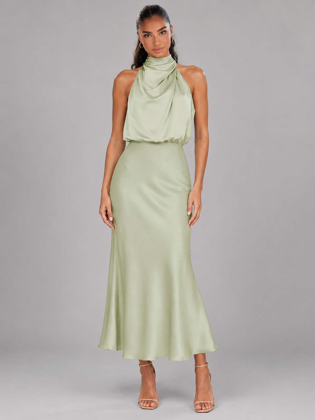 Robe midi à col montant effet satin pour invité de mariage