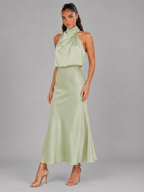 Robe midi à col montant effet satin pour invité de mariage
