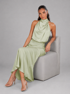 Robe midi à col montant effet satin pour invité de mariage