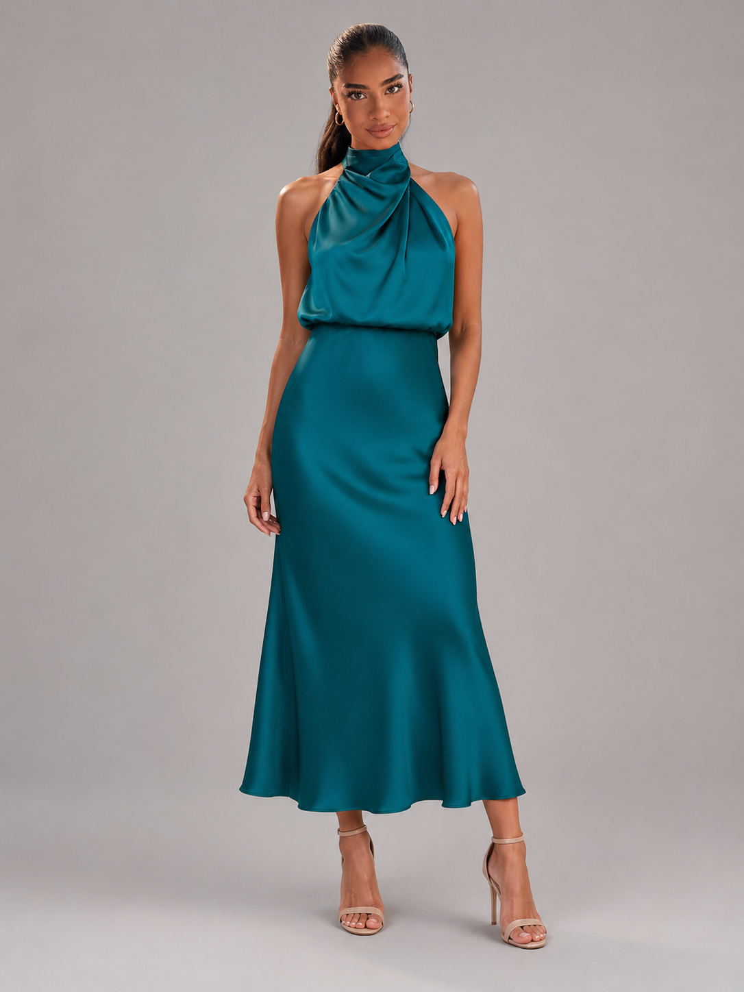 Robe midi à col montant effet satin pour invité de mariage