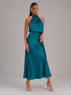Robe midi à col montant effet satin pour invité de mariage