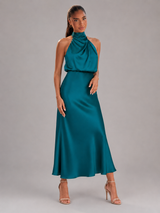 Robe midi à col montant effet satin pour invité de mariage