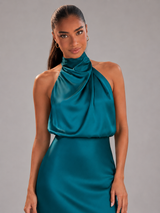 Robe midi à col montant effet satin pour invité de mariage