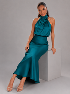 Robe midi à col montant effet satin pour invité de mariage