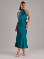 Robe midi à col montant effet satin pour invité de mariage