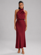 Robe midi à col montant effet satin pour invité de mariage