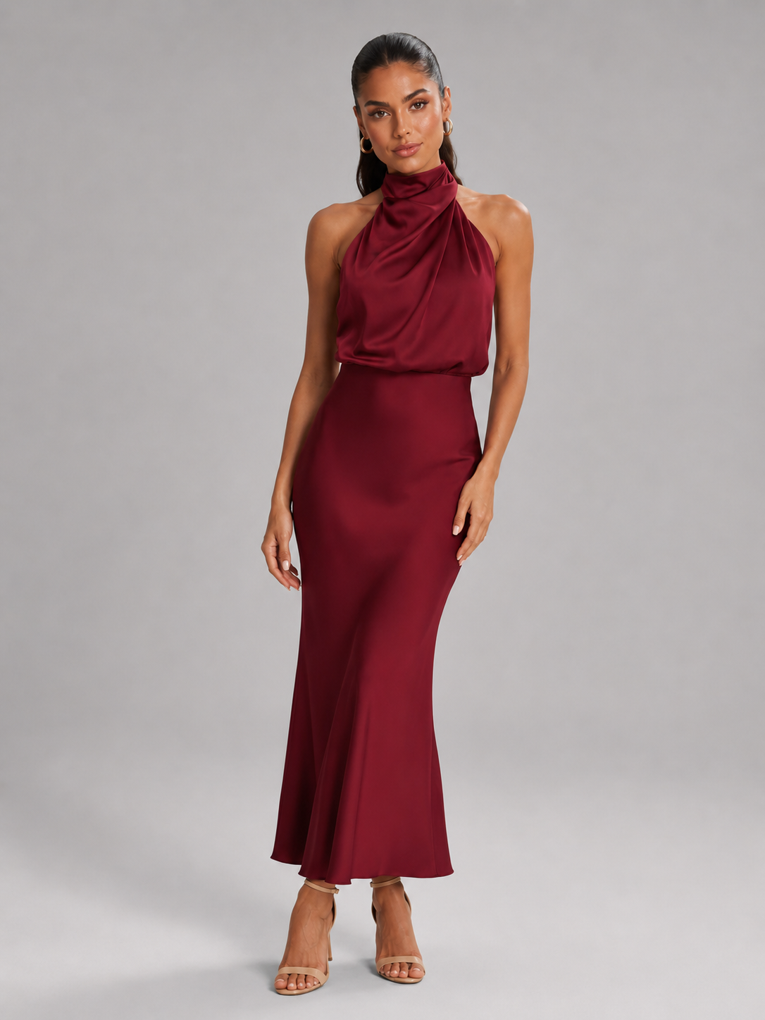 Robe midi à col montant effet satin pour invité de mariage