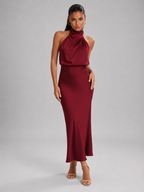 Robe midi à col montant effet satin pour invité de mariage