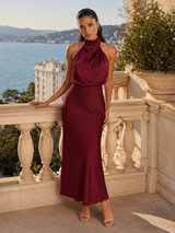 Robe midi à col montant effet satin pour invité de mariage