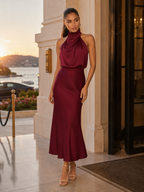 Robe midi à col montant effet satin pour invité de mariage