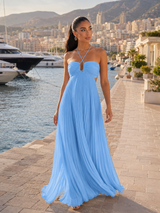 Robe maxi plissée à col halter pour invité de mariage