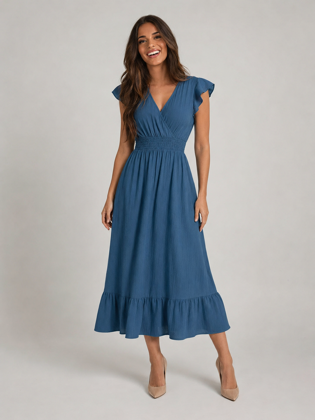 Vestido midi con escote en V y cintura fruncida para mujer en verano