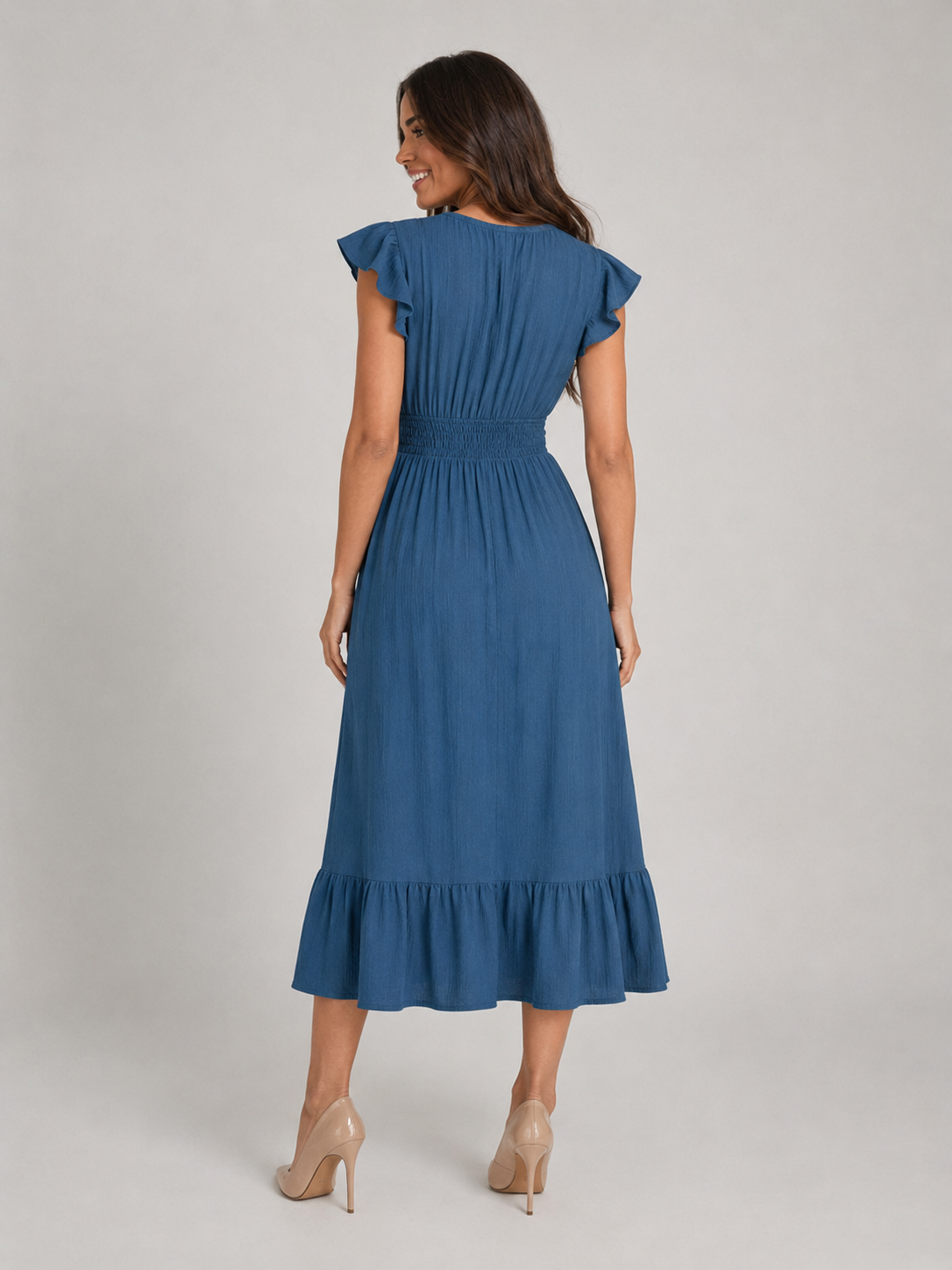 V Neck Shirred Waist Midi Dress Summer Women