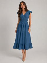 Robe midi à col en V et taille froncée pour femme en été