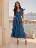 V Neck Shirred Waist Midi Dress Summer Women