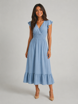 Robe midi à col en V et taille froncée pour femme en été