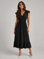 V Neck Shirred Waist Midi Dress Summer Women