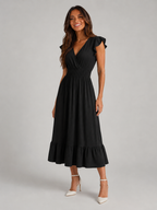 V Neck Shirred Waist Midi Dress Summer Women