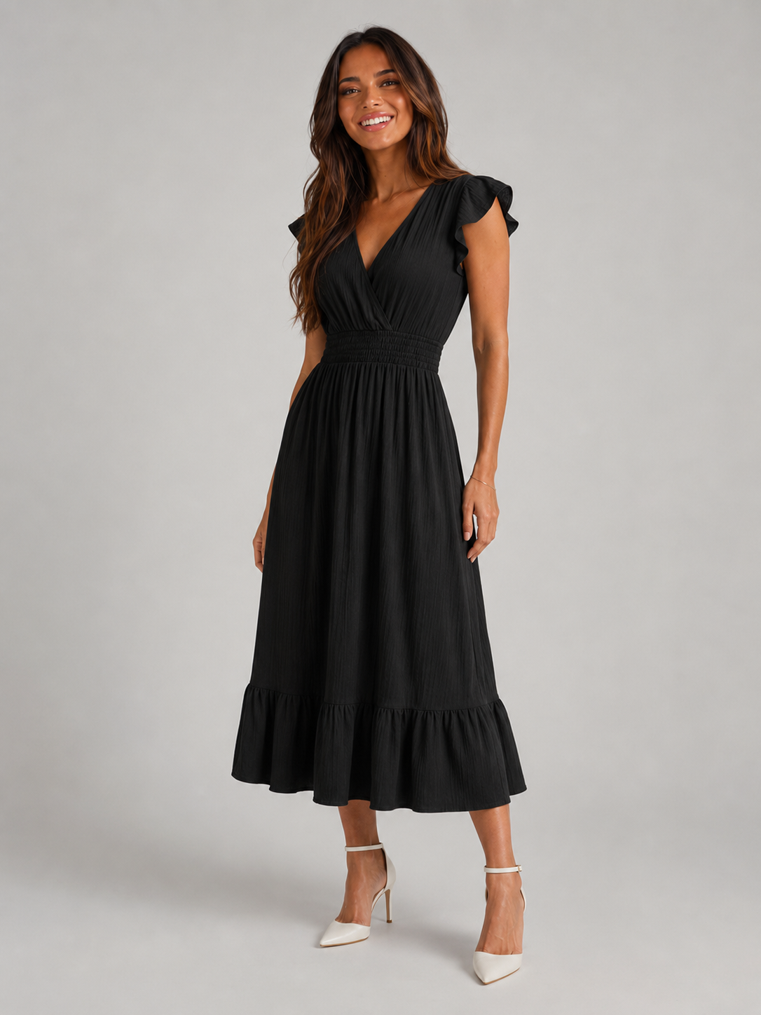 Vestido midi con escote en V y cintura fruncida para mujer en verano