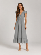 V Neck Shirred Waist Midi Dress Summer Women
