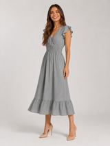 Robe midi à col en V et taille froncée pour femme en été