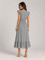 Robe midi à col en V et taille froncée pour femme en été