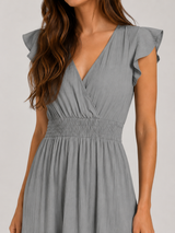 Robe midi à col en V et taille froncée pour femme en été