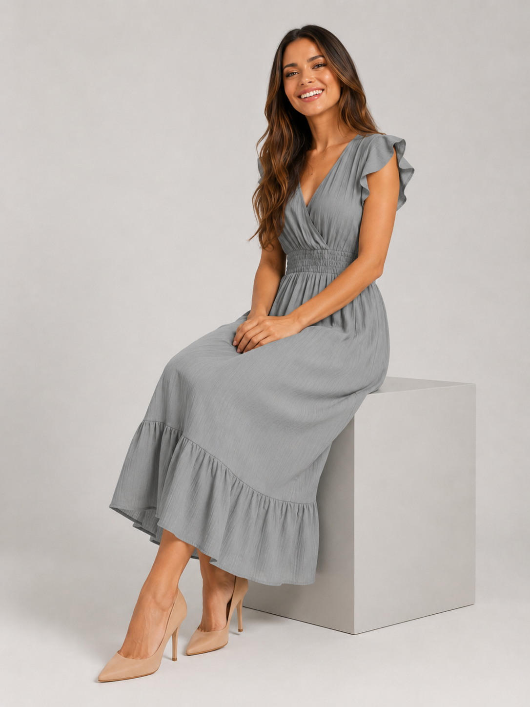 V Neck Shirred Waist Midi Dress Summer Women