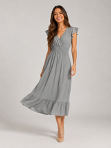 Robe midi à col en V et taille froncée pour femme en été