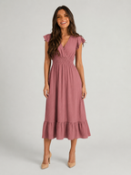 V Neck Shirred Waist Midi Dress Summer Women