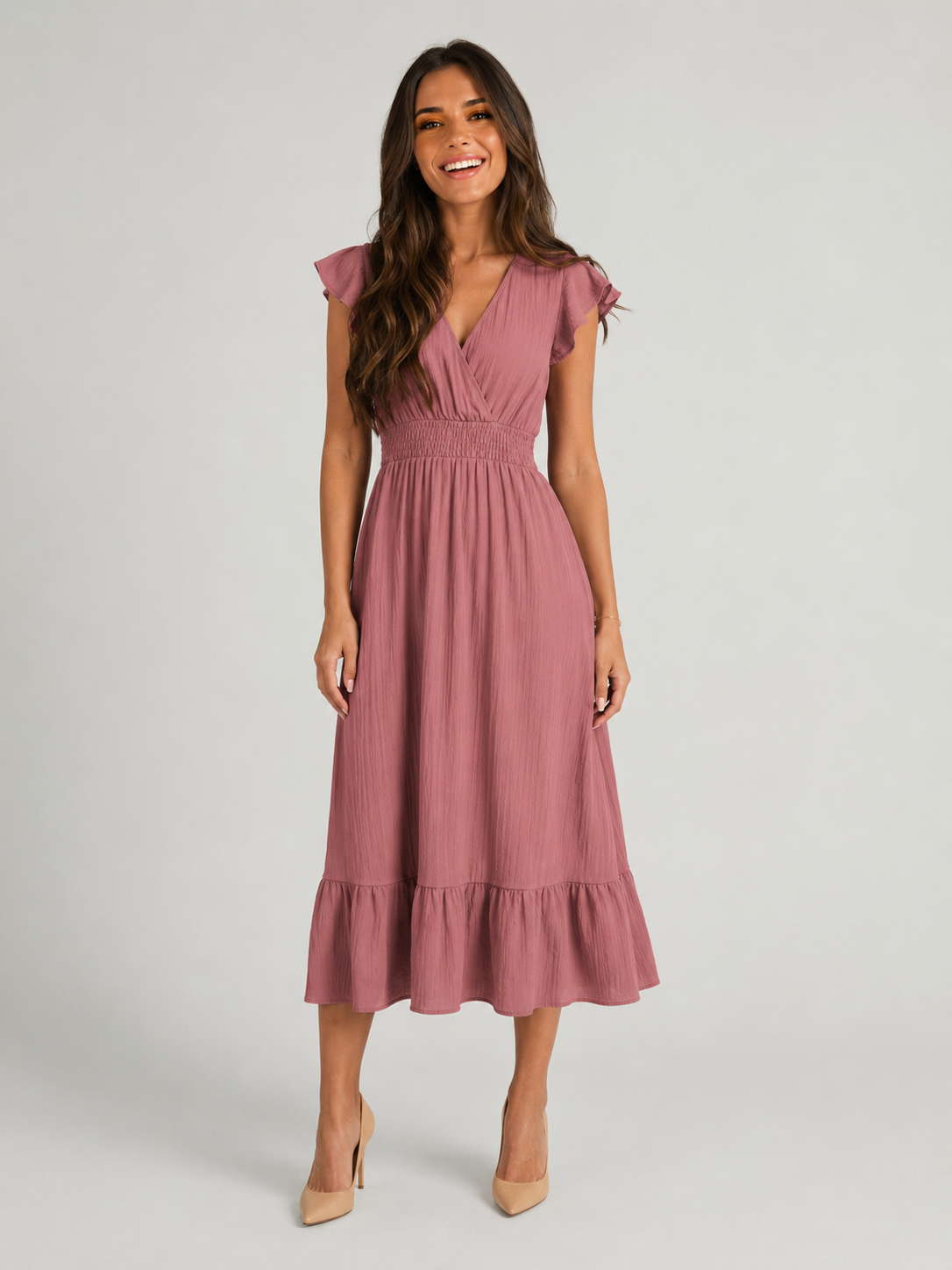 V Neck Shirred Waist Midi Dress Summer Women