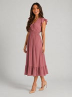 V Neck Shirred Waist Midi Dress Summer Women