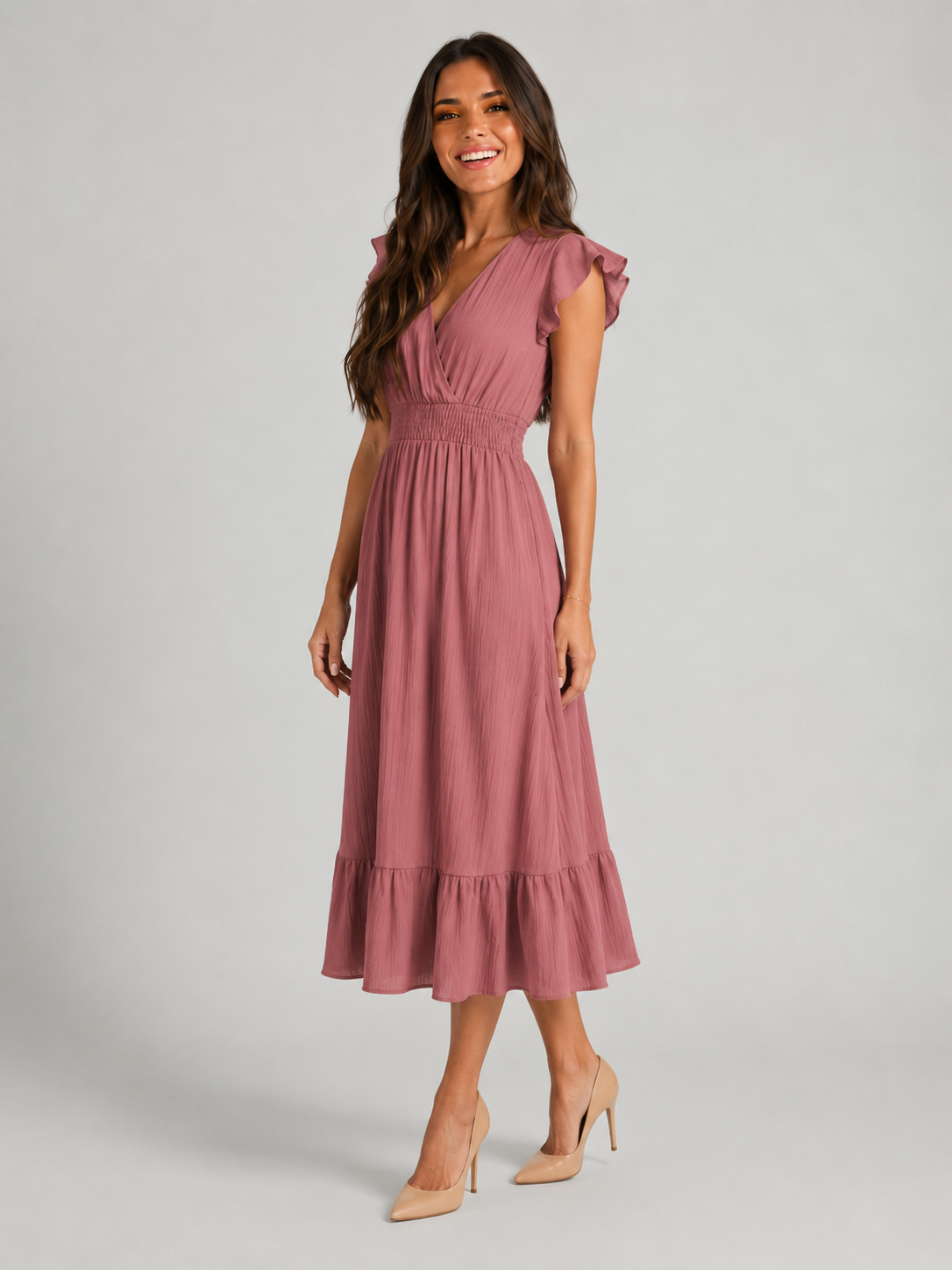 Vestido midi con escote en V y cintura fruncida para mujer en verano