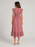 V Neck Shirred Waist Midi Dress Summer Women