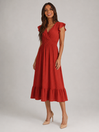 V Neck Shirred Waist Midi Dress Summer Women