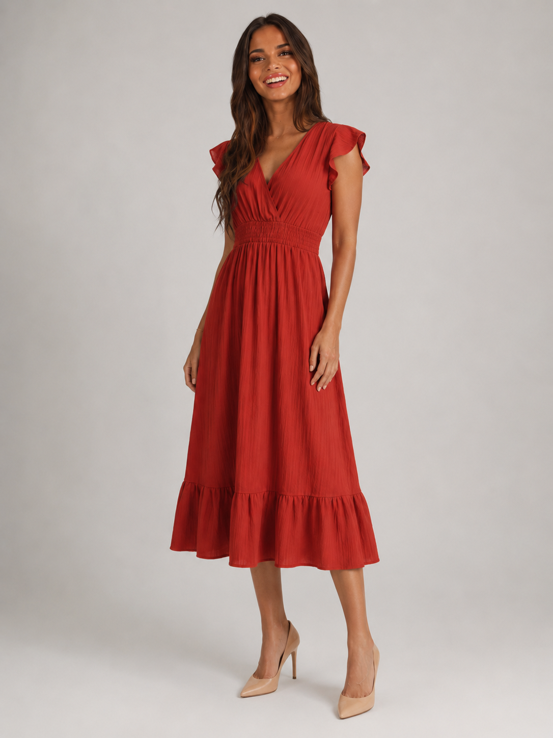 Vestido midi con escote en V y cintura fruncida para mujer en verano
