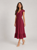V Neck Shirred Waist Midi Dress Summer Women