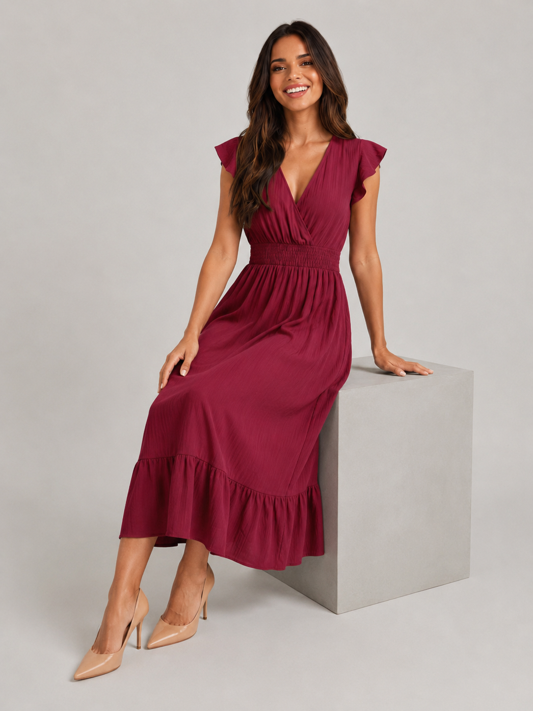 V Neck Shirred Waist Midi Dress Summer Women