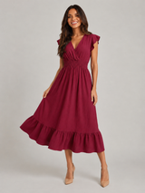 Robe midi à col en V et taille froncée pour femme en été