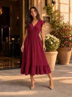 V Neck Shirred Waist Midi Dress Summer Women