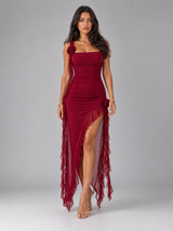 Robe maxi fendue à volants pour invité de mariage