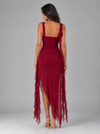 Robe maxi fendue à volants pour invité de mariage