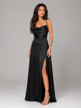 Satin Feel Cowl Neck Side Split Maxi Dress Evening Women