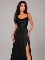 Satin Feel Cowl Neck Side Split Maxi Dress Evening Women