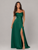 Satin Feel Cowl Neck Side Split Maxi Dress Evening Women