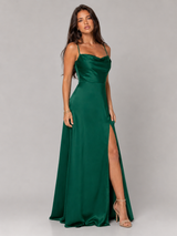 Satin Feel Cowl Neck Side Split Maxi Dress Evening Women