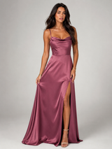 Satin Feel Cowl Neck Side Split Maxi Dress Evening Women