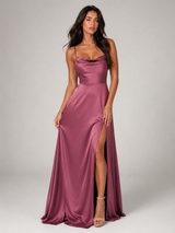 Satin Feel Cowl Neck Side Split Maxi Dress Evening Women